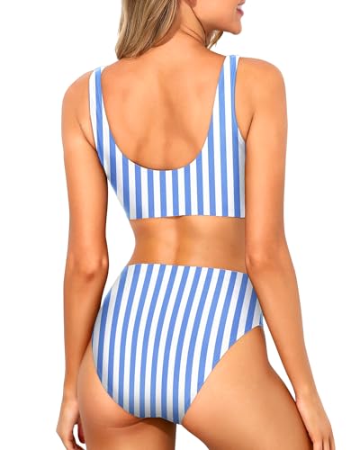 Image of Tempt Me Women Two Piece Scoop Neck Bikini Crop Top High Cut Swimsuit Sporty High Waisted Bathing Suit with Bottoms