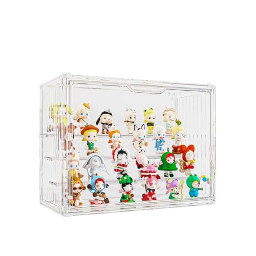 QIYUNI 全透明縦紋コンテナ型卓上ショーケース 36×22×27cm マグネットドア 4 層構造 取り外し可能仕切り 防塵防汚 組立簡単 大容量対応 (全透明)