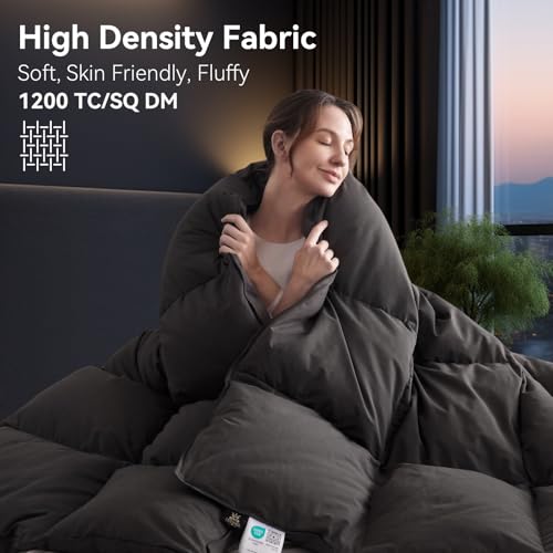 L LOVSOUL 75% Goose Down Fiber Comforter Queen Size, 750+ Fill Power Hotel Style Bedding Comforter, 1200TC, Fluffy Ultra Soft All Season Gery Duvet Insert with 8 Corner Tabs