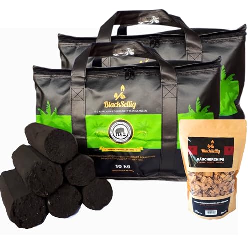 BlackSellig Briquetas de barbacoa de coco de playa XXL, carbón puro para barbacoa, respetuoso con el medio ambiente, sin humo, tiempo de combustión extralargo, barras de 20 kg XXL + 360 g de chips