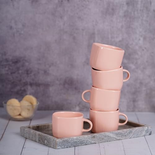 Image of Dandy Lines Zen Coffee Mugs in Peach, 199 ml, Ceramic, Pack of 6, Microwave & Dishwasher Safe, Great for Home Use & Gifting
