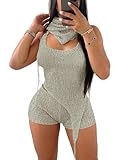 MGCPTN Two Piece Short Set for Women Sequin Knit Crochet Backless Irregular Halter Top Shorts Sexy Outfits with Shades Grey M