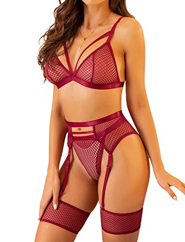 EVELUST Conjunto de lencería sexy para mujer, brasier de red con tirantes de encaje y bragas de cintura alta, ropa interior de malla transparente con liguero, 3 piezas de ropa de noche traviesa, Vino,