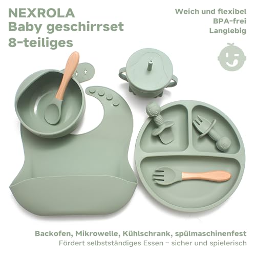 NEXROLA Baby Geschirrset 8 Stück, Kindergeschirr Set, Baby Teller mit Saugnapf, Trinklernbecher, Lernlöffel Baby, Silikon Lätzchen Baby, BPA-frei, Baby Besteck für Spülmaschine und Mikrowelle, Grün
