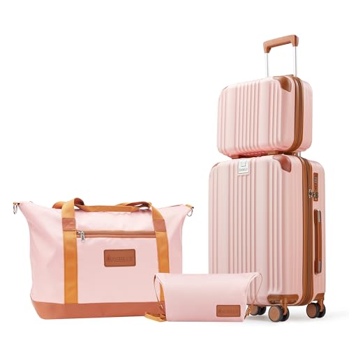 Image of Luggage Set 3 Piece Luggage with PC+ABS Hardshell TSA Lock Spinner Wheels Carry on Lightweight Suitcase Cup Holder,YKK Zippers and Hoot (Pink, 4 piece(14 /20 /DB /TB))