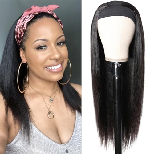 Image of Aiterina Headband Wig Human Hair Straight Headband Half Wigs Human Hair Brazilian Glueless Human Hair Wigs None Lace Front Wigs Machine Made Wigs 150% Density Natural Color 18 Inch