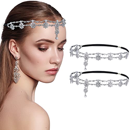 2 Pieces Silver Head Jewelry Head Chains Bohemian Flower Hair Jewelry Headpiece Boho Pearl Head Chains Crystal Forehead Chains Wedding Floral Headbands for Women Girls