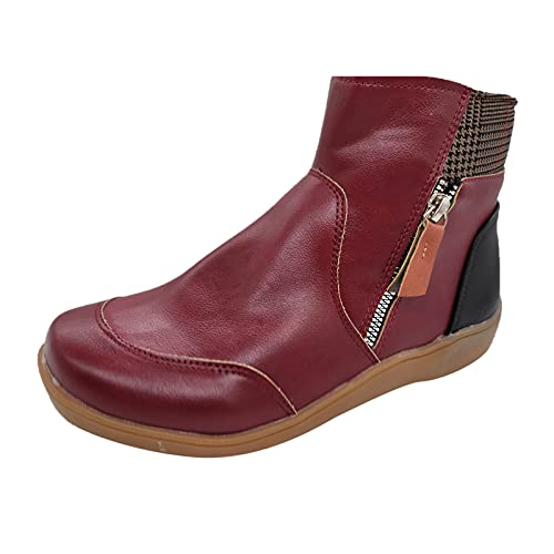 Cowboy Boots Women Ankle Booties Retro Leather Zip Up Round Toe Snow Booties Solid Flat Soft Sole Short Boots