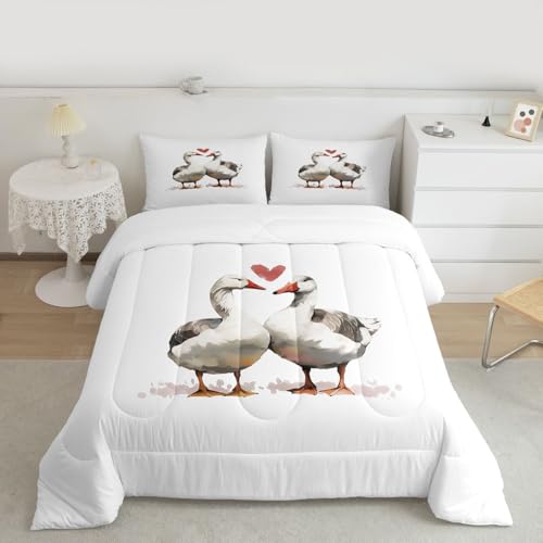 Image of Erosebridal Geese Valentine King Comforter Set Cartoon Ducks Bedding Set for Kids Teens Goose Duck Couple Decor Comforter Kawaii Farm Animals Quilt