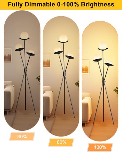 Image of 3 Globe Dimmable Tripod Floor Lamp, Mid Century Standing Lamps with 3Pcs 3000K Bulbs Included, Modern Black Tall Lamp for Living Room Bedroom Home Office Sofa Beside Corner Decor