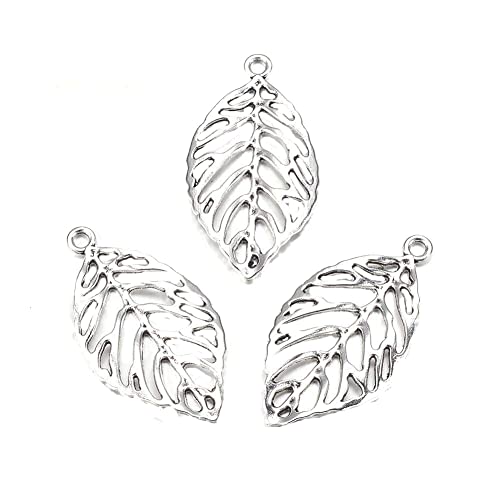 KISSITTY 150Pcs Antique Silver Alloy Filigree Hollow Leaf Charms 49.5x27.5mm