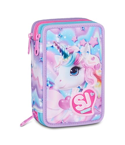 SJ GANG STYLE JAM GANG Astuccio Scuola 3 Zip LED UNICORN GIRL, Viola, Triplo Scomparto, 45 pezzi, Set cancelleria incluso, Pratica chiusura con zip, Scuola elementare, Bambina