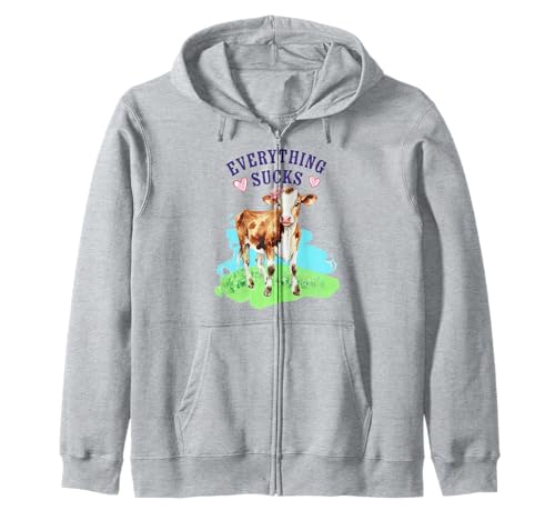 Everything Sucks Cute Cow Funny Cottagecore Graphic Zip Hoodie
