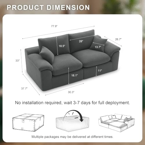 Image of 78 inch Loveseat Sofa, Small Boneless Couch for Living Room, Gray