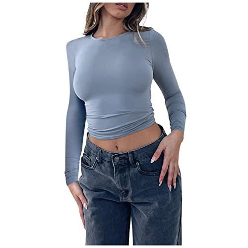 Langarmshirt Slim Fit Damen Oberteile Langarm Shirts Einfarbig Basic Crop Tops Casual Athletisches Top Teenager Streetwear Party Oberteil Damen Crop Top Sexy Oberteil Damen Streetwear Cover