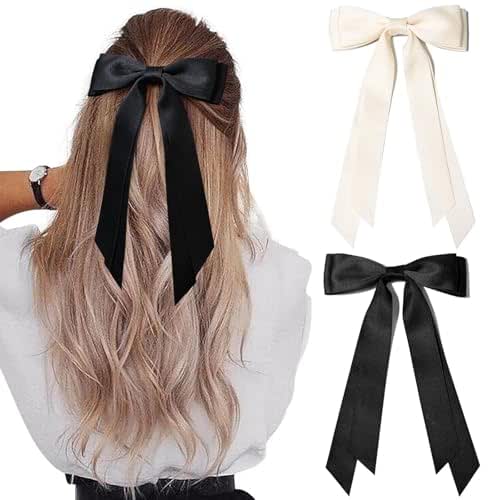2PCS Hair Bows Hair Clip Beige Black Hair Ribbon Ponytail