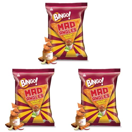 Image of Bingo! Mad Angles Achaari Masti - Desi Mango Pickle Flavour Crunchy Triangle Chips | Tasty Snack for Any Time Cravings, 64g /60g (weight May Vary) (Pack of 3)