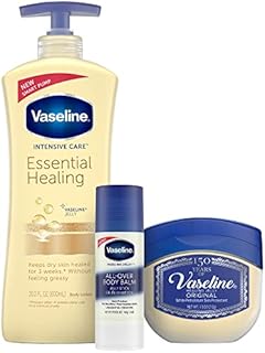 Vaseline Intensive Care Essential Healing Body Lotion, 20.3 oz, Bundled with Petroleum Jelly Original, 7.5oz and All-Over Body Balm Stick, 1.4 oz - Pack of 3, Moisturizing and Healing Skin Care