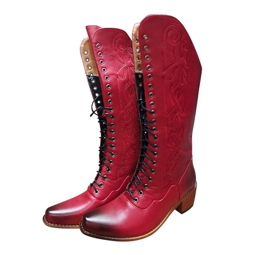 Victorian Boots for Women 70s Vintage Lace Up Mid Calf Boots Halloween Almond Toe Comfortable Chunky Block Heels Womens Dressy Fall Winter Cone Low Heel Cosplay Witch Booties Costume Shoes4