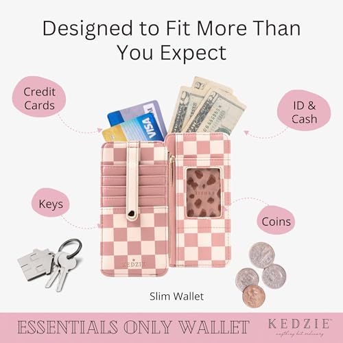Image of KEDZIE Essentials Only Women's Zippered Wallet in Vegan Leather Small Card Holder Wallet Exterior ID Window - Check Please