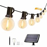 IKERY ソーラー LEDストリングライト 7.6M 電球色2700K 5V低圧 イルミネーションライト PC素材 破損しにくい 12+1個 G40電球 E12口金 防雨型 屋内/屋外間接照明 誕生日 パーティー クリスマスツリー 電飾 ガーデンライト 庭 祭り 商店街飾り（USB充電非対応）