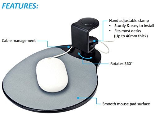 Aidata UM003B Mouse Platform Under Desk, Sturdy Metal Clamp Fits Onto Desks Up To 40mm/1.57", Platform Rotates 360 Degrees To Hide Mouse Under The Desk, Built-in Cable Clip Keeps Mouse In Place, Black - Thumbnail 2