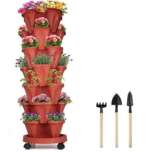 DUNCHATY Stackable Planters 7 Tier Vertical Garden Planting Tower Planters Strawberry, Herb, Flower, and Vegetable Planter Indoor Outdoor Gardening Pots with Removable Wheels and Tools
