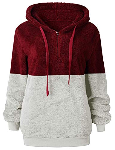 Romanstii Women's Warm Long Sleeves Fleece Sweatshirts Hooded Pullover Coat Outwear Wine Red M
