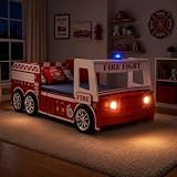 LKTART Twin Size Car Bed for Kids, Fire Truck Bed Frame with LED Lights