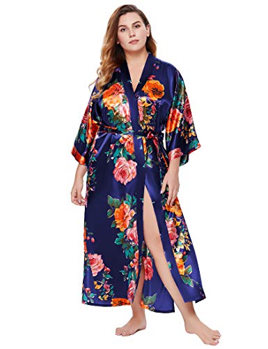 Image of BABEYOND Women's Kimono Robe Long Satin Silky Floral Lightweight Bridesmaid Wedding Bachelorette Party Robe