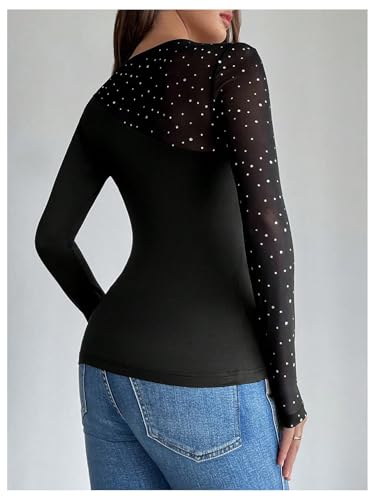 Milumia Women's Sequin Rhinestone Sheer Mesh Patchwork Round Neck Long Sleeve Slim T-Shirt Top2