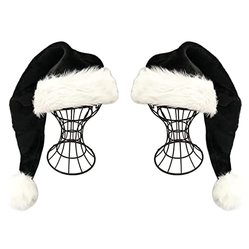 QIAONIUNIU Black Santa Hat - Adults Deluxe Black And White Xmas Christmas Hat Pack 2 pcs