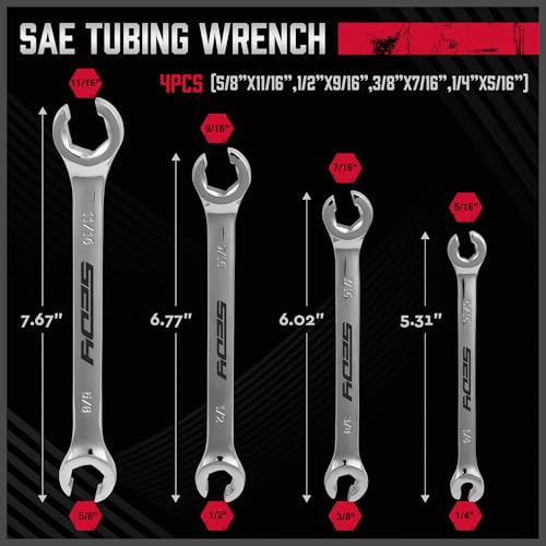Image of 4-Piece Flare Nut Wrench Set - SAE Brake Line Wrench 1 /4, 5 /16, 3 /8, 7 /16, 1 /2, 9 /16, 5 /8, 11 /16-inch, Professional Offset Heads, Portable Organizer Pouch Included