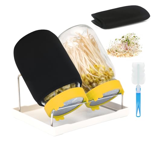 Lulonpon Sprouting Kit, 2 Sprouting Jar Kits, Wide Mouth Quart Mason Jars with Stainless Steel Screen Sprout Lids,1000ml Sprouts Growing Kit, Seed Sprouter Set for Growing Broccoli, Bean, Alfalfa