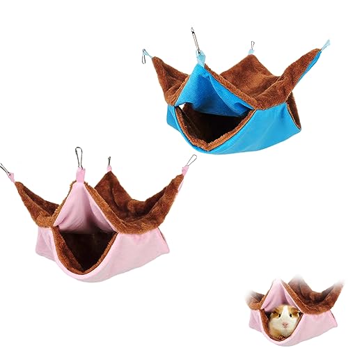 MEGYAD 2 piezas Hamaca para animales pequeños, 2 niveles, cama colgante suave y cálida, accesorio para cobayas, hamaca, hurón, conejo, roedor, rosa y azul