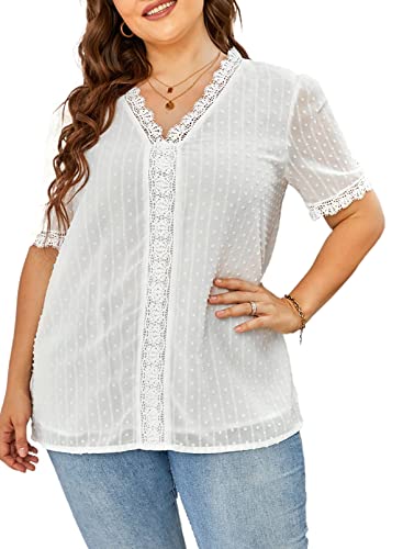 Eytino Womens Plus Size Tops Casual Summer Short Sleeve V Neck Lace Crochet Chiffon Blouses Shirts(1X-5X)3