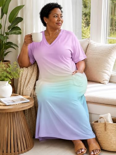 Image of SUZONANA Women Casual T-Shirt Dress V Neck Short Sleeve Solid Color Oversize Dress with Front Two Pockets