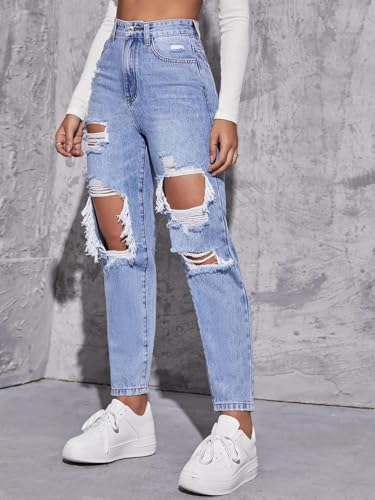Jelove Women's High Waist Boyfriend Straight Leg Ripped Jeans Distressed Denim Pants2