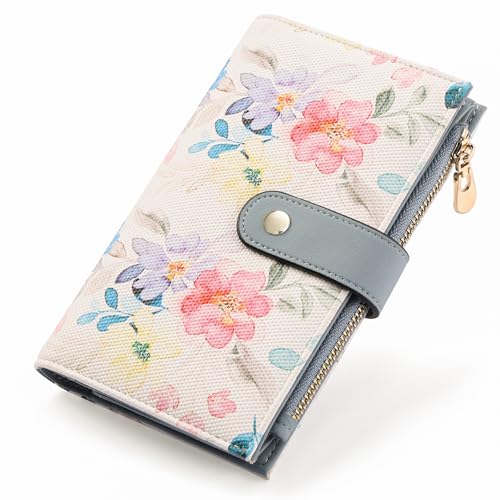 Image of yiijay Womens Wallet RFID Blocking Vegan Leather Trifold Clutch Credit Card Holder Ladies Travel Wallet Purse with Pen Holder, 2Flora White, 6.5''x 4.2''x 1.4'', Rfid Wallet