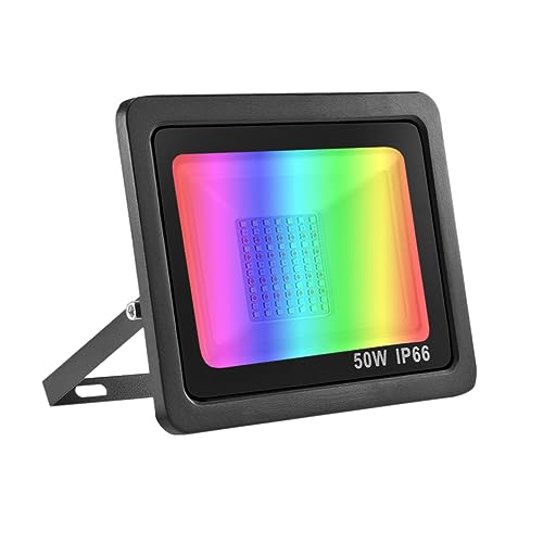 Bikuer 50W LED Floodlight Outdoor, Colour Changing Flood Lights with Remote Control, 12 RGB Colours, Timing, 4 Modes, IP66 Waterproof