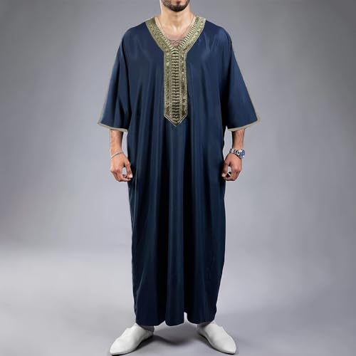 Kaftan for Men Muslim Clothing Thobe Ethinc Printed V Neck Casual Shirts Half Sleeve Night Gown Arabic Caftan2