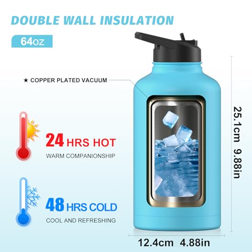 Image of 64oz Insulated Water Bottle (Cold for 48 Hrs),BPA Free&Leak Proof,Half Gallon Stainless Steel Water Flask,Water Jug with Straw Spout Lids for Gym,Hiking,Camping,Sky Blue