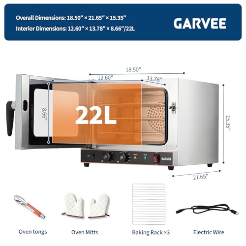 Image of Garvee Commercial Convection Oven Countertop, 22L /20Qt, 1440W Toaster, 3-Tier Electric Oven w /Front Glass Door, Trays Wire Racks Clip Gloves, 120V