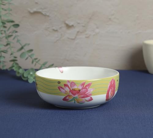 Image of India Circus by Krsnaa Mehta Lotus Pond Porcelain Serving Bowl for Snacks, Salads, Biryani, Ramen, Microwave & Dishwasher Safe, Perfect for Gift & Daily Use, Big Bowl 800 ml, Set of 1