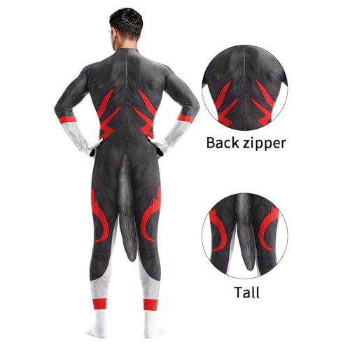 Image of Animal Full Bodysuit for Men Muscle Spandex Jumpsuit Furry Costume with Big Tail for Adult Cosplay Halloween Party