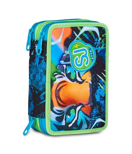 SJ GANG STYLE JAM GANG Astuccio Scuola 3 Zip Air Tiger, Blu, Portapenne Triplo Scomparto Completo Di Penne, Matite, Colori, Accessori Zaino, Scuola Elementare, Bambino
