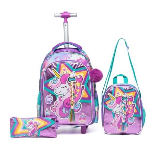 Kit Mochila de Rodinha Unicornio Feminina Estojo Escolar Lancheira Térmica
