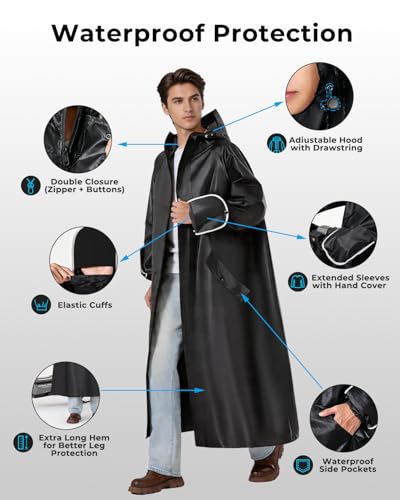 Image of ISABRELLA Long Rain Coat for Men Waterproof, 15000mm H₂O Durable Oxford Unisex Raincoat with Adjustable Wide Brim Hood, Foldable Gloves & Double Zipper for Motorcycle Riding, Hiking