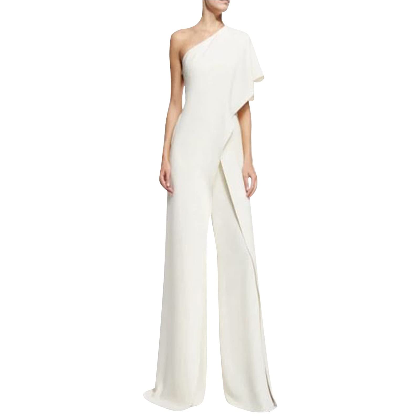 BIISDOST Mono para mujer elegante para boda, blanco, mono de un hombro, pantalón de trabajo, fiesta, club, mono, una pieza, ropa de calle, cintura alta, pantalones anchos