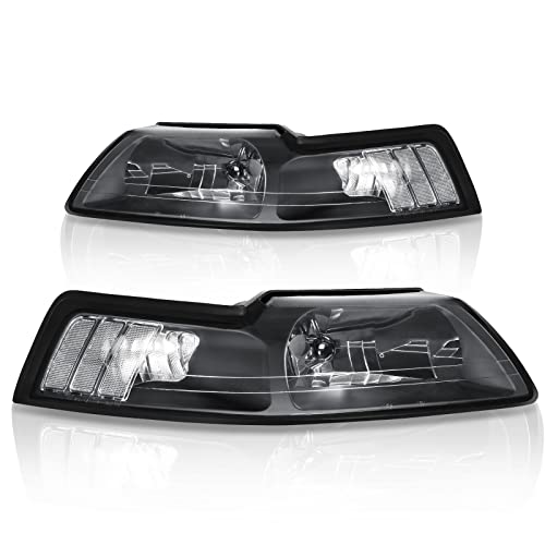 AUTOSAVER88 Headlight Assembly Compatible with 99-04 1999 2000 2001 2002 2003 2004 Ford Mustang Headlights Replacement Headlamp kit Black Housing Clear Reflector